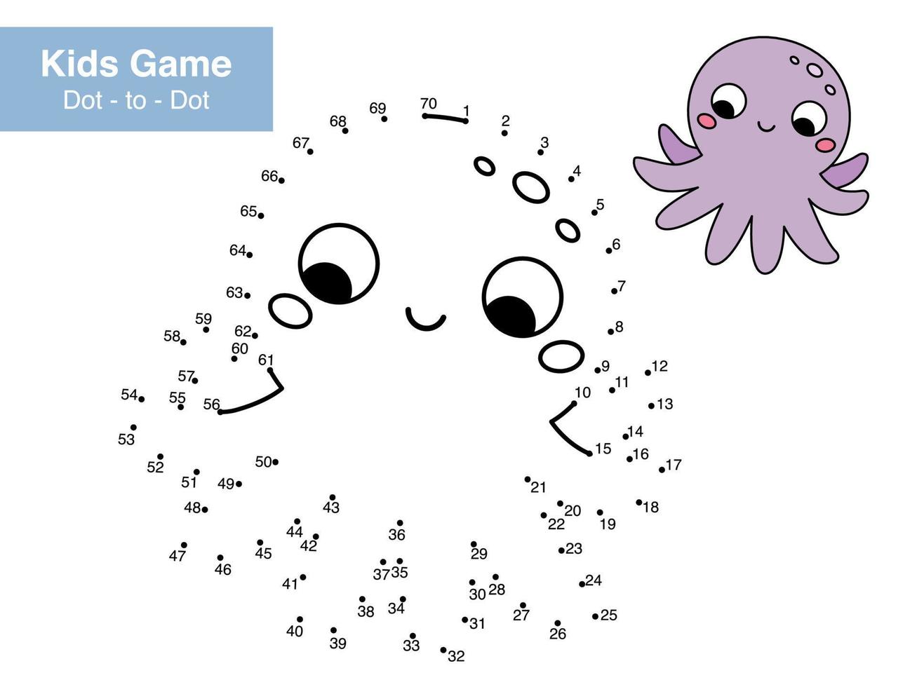 Dot to dot educational game for children. Cute cartoon octopus. Numbers game. Printable activity page for kids. Connect the dots and color. Vector illustration