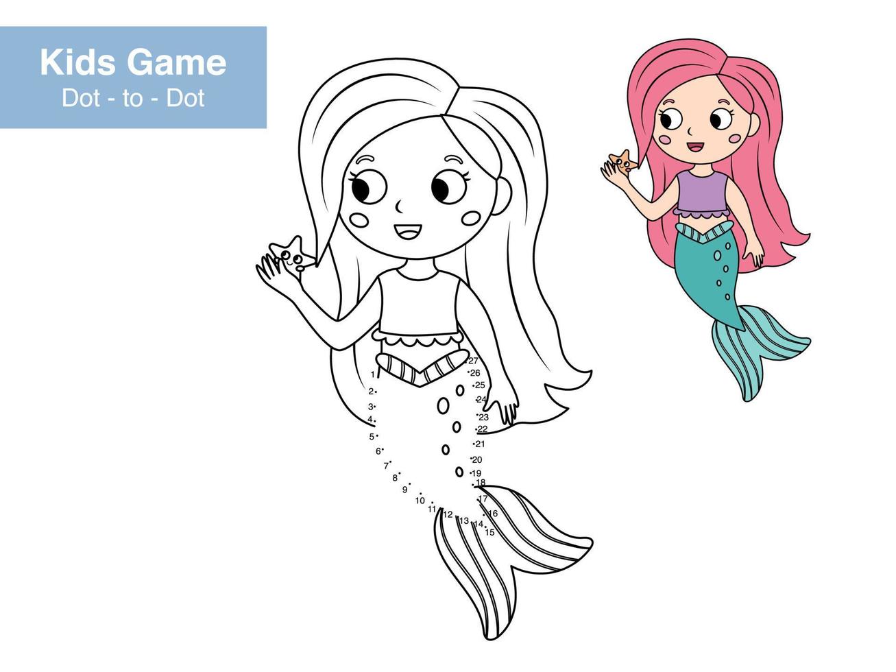Dot to dot educational game for children. Cute cartoon mermaid. Numbers game. Activity worksheet for kids. Connect the dots and color. Vector illustration