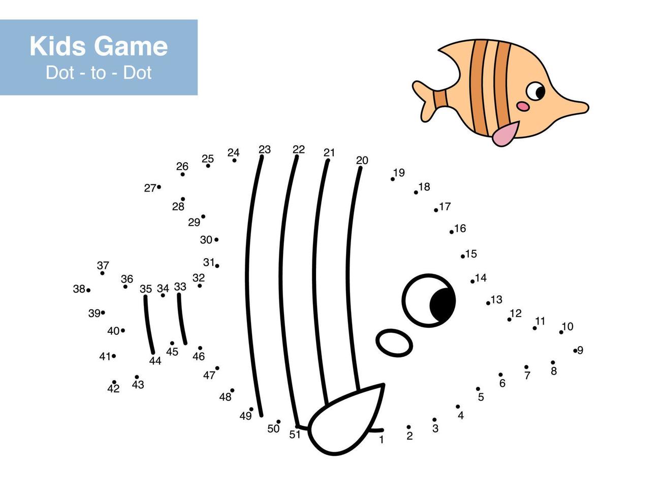 Dot to dot educational game for kids. Cute cartoon fish. Numbers game. Activity worksheet for children. Connect the dots and color. Vector illustration