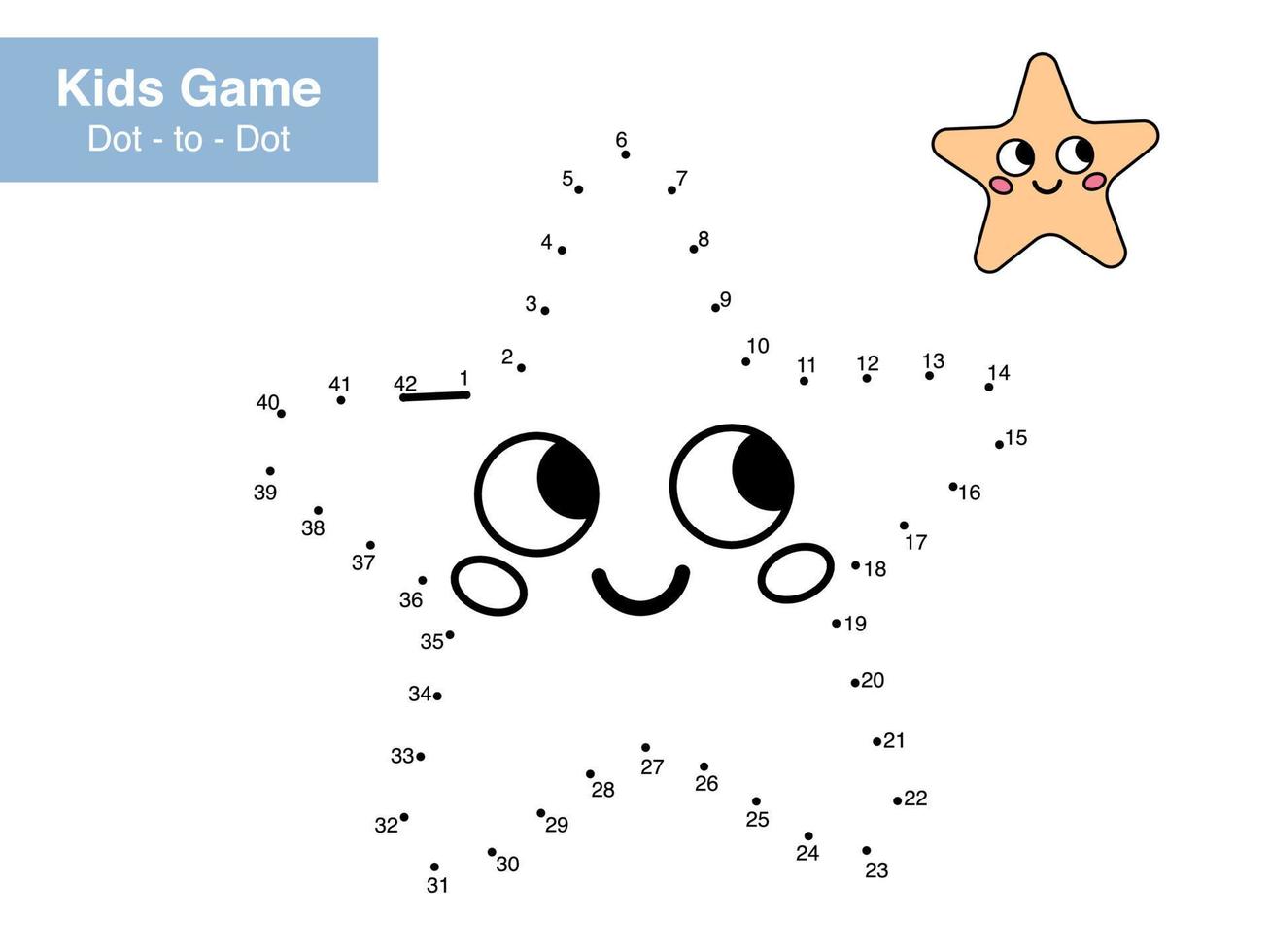Dot to dot educational game for children. Cute cartoon starfish. Numbers game. Activity worksheet for kids. Connect the dots and color. Vector illustration