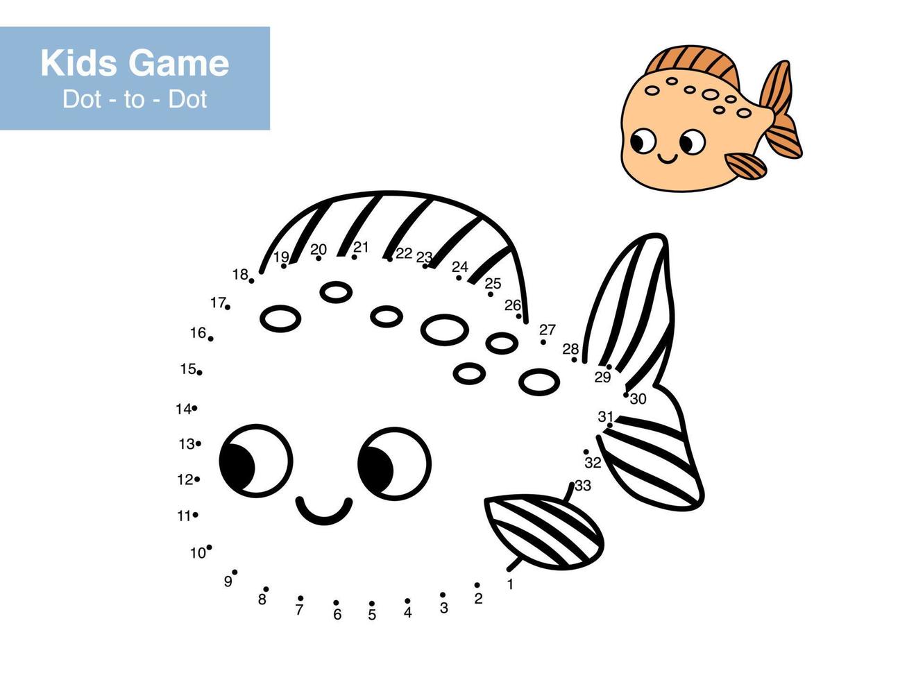 Dot to dot game. Cute fish. Cartoon sea animals. Learn numbers. Educational puzzle. Printable activity page for children. Connect the dots and color. Vector illustration