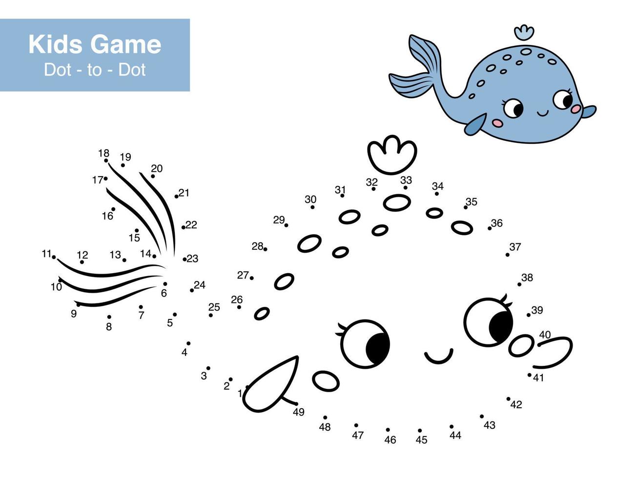 Dot to dot game. Cute cartoon whale. Sea animals. Learn numbers. Educational puzzle. Printable activity page for children. Connect the dots and color. Vector illustration