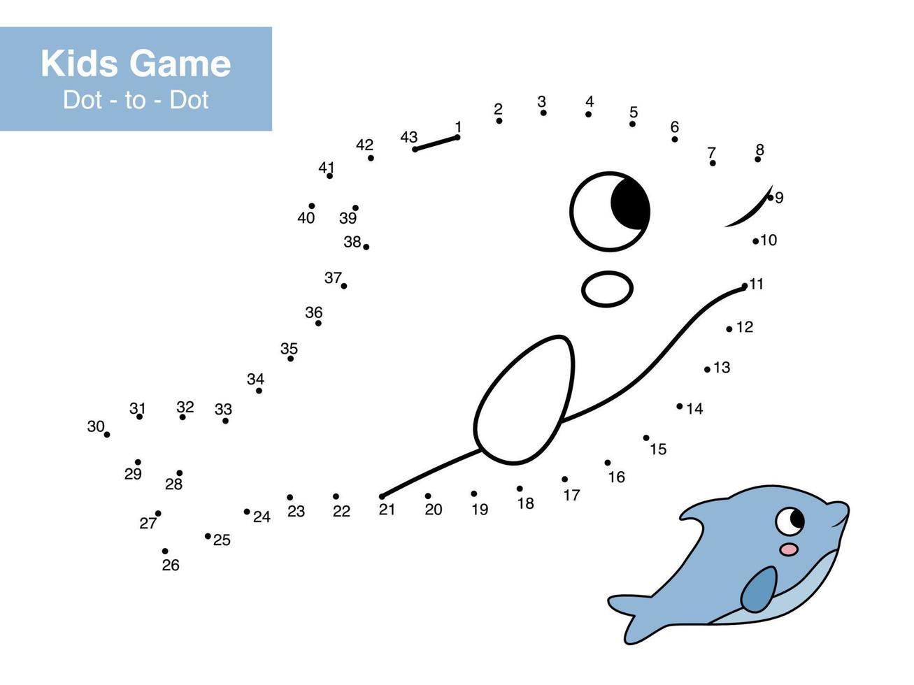 Dot to dot educational game for kids. Cute cartoon dolphin. Numbers game. Activity worksheet for children. Connect the dots and color. Vector illustration