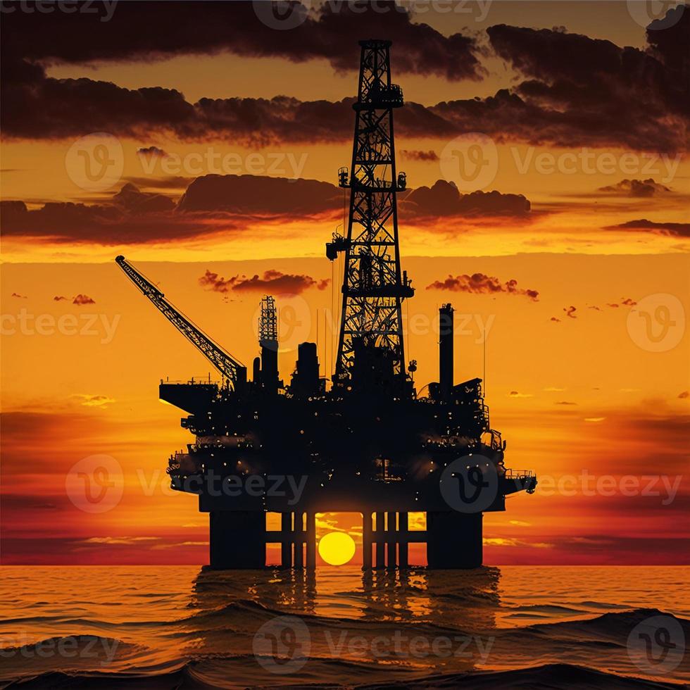 Oil drilling platform silhouette, created with generative AI photo