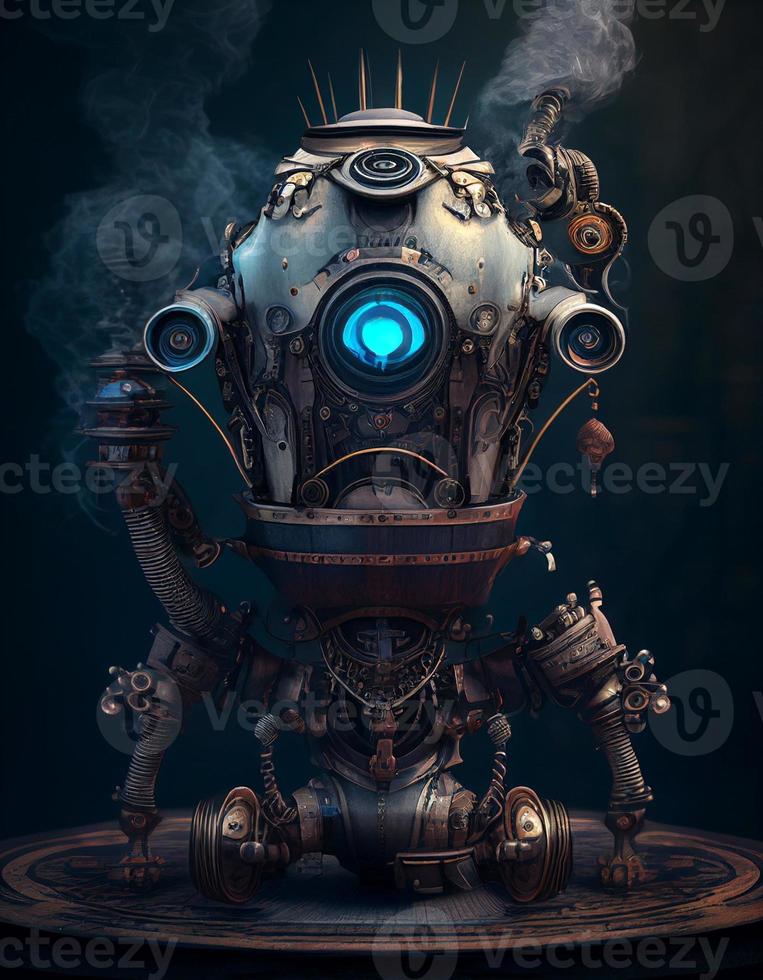 Portrait of the steampunk style robot, created with generative AI photo