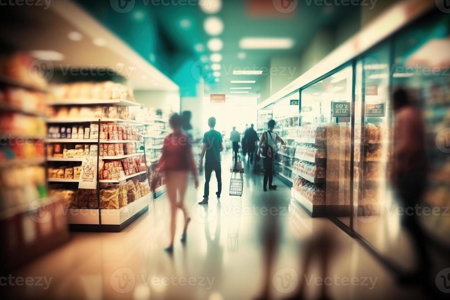 A group of people hurry through market, created with generative AI photo