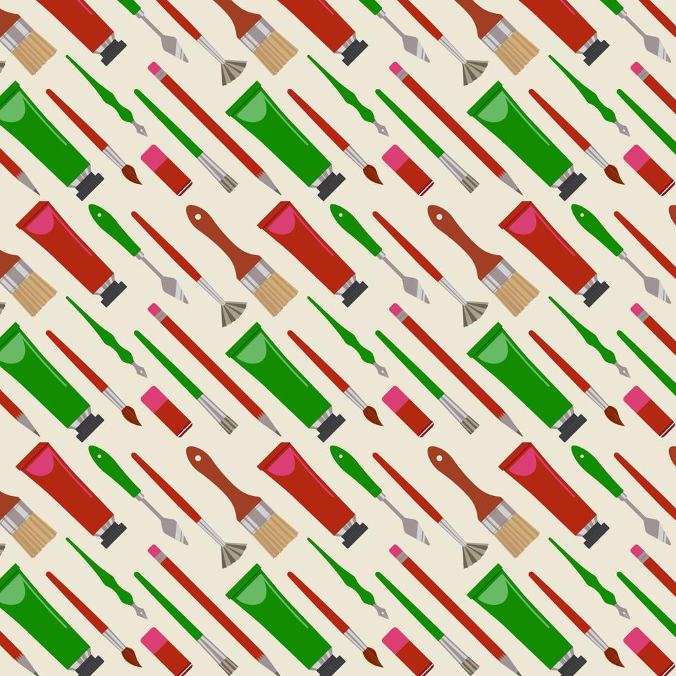 Diagonal Pattern With Artistic Tools. Decoration, Package, Background Flat Style Vector Illustration