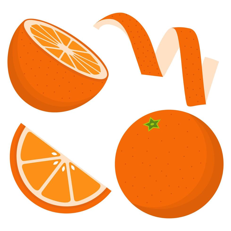 Orange Fruit. Peel, Half An Orange, Slice. Colorful Tasty And Juicy Flat Style Vector Illustration