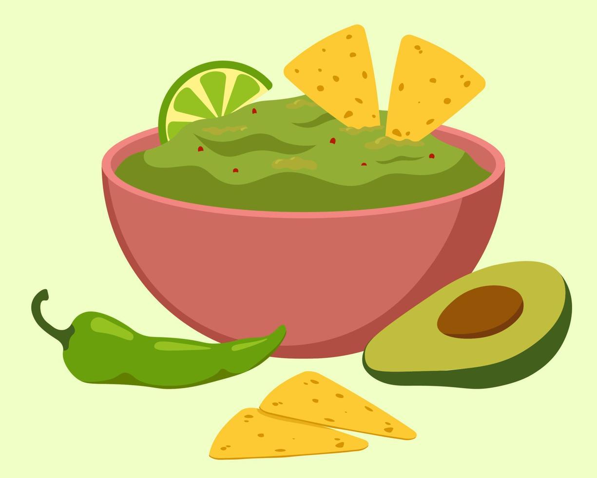 Guacamole In The Bowl With Avocado, Nachos, Pepper. Food Concept Vector Illustration In Flat Style