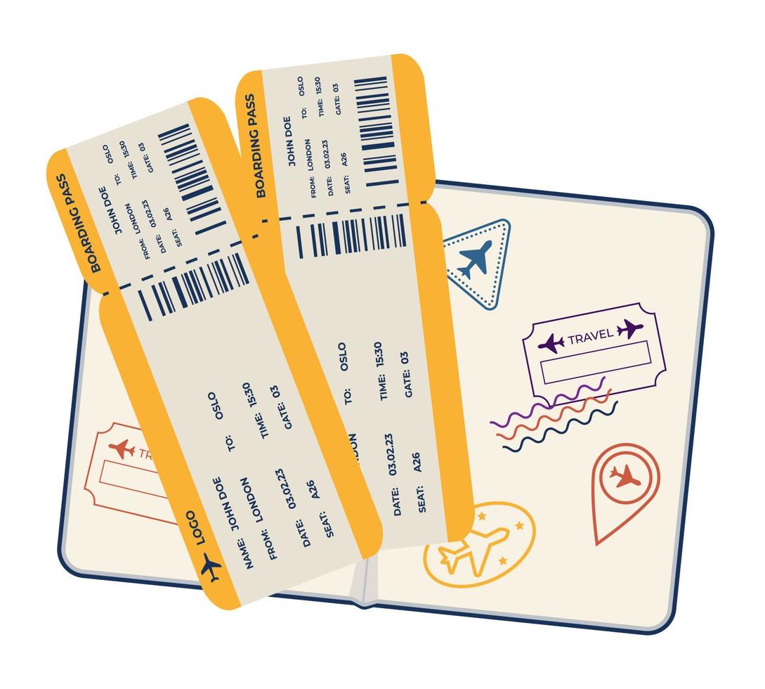 Opened Passport With Stamps And Tickets. Travel, Immigration Concept Flat Style Vector Illustration