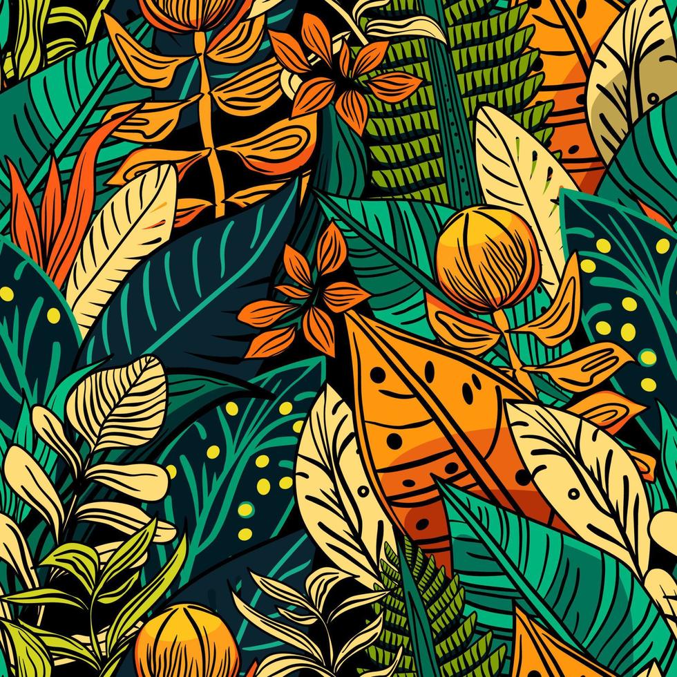 Seamless tropical pattern with flowers and leaves vector