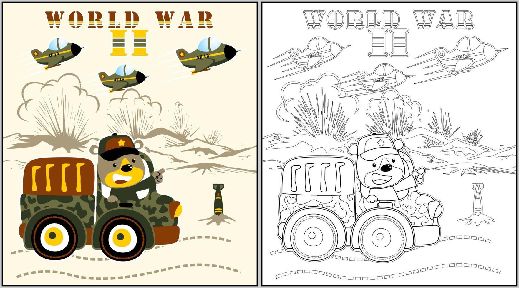 gracioso oso en militar camión con combatiente chorro en campo de batalla, colorante página o libro, vector dibujos animados ilustración