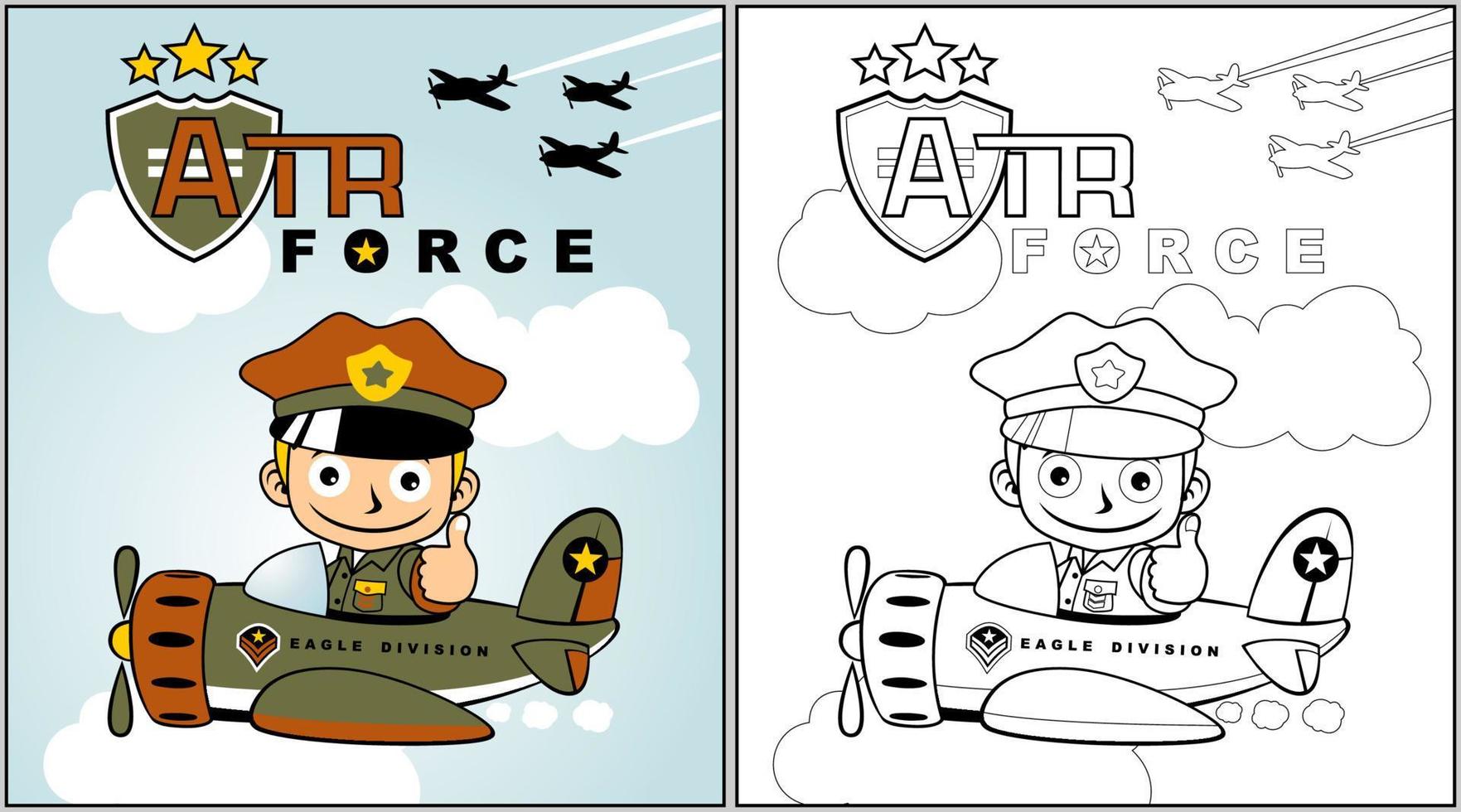 joven piloto en militar avión, colorante libro o página, vector dibujos animados ilustración