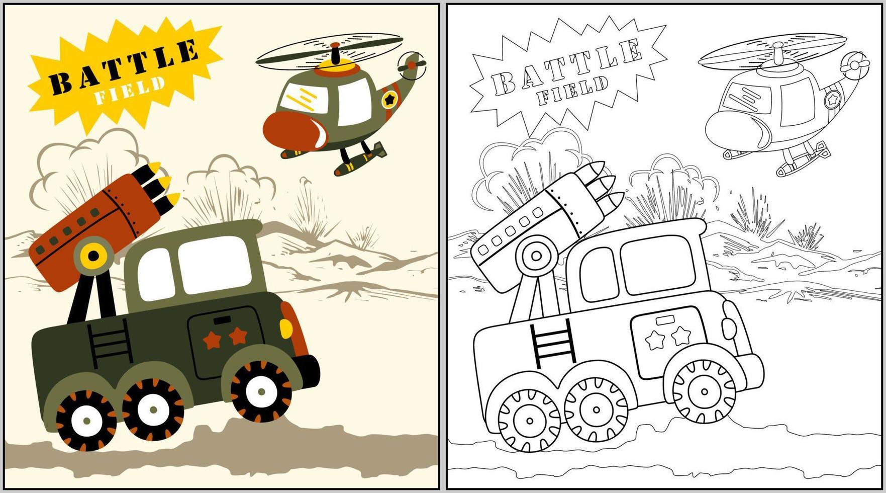 militar camión versus helicóptero, vector dibujos animados ilustración, colorante libro o página