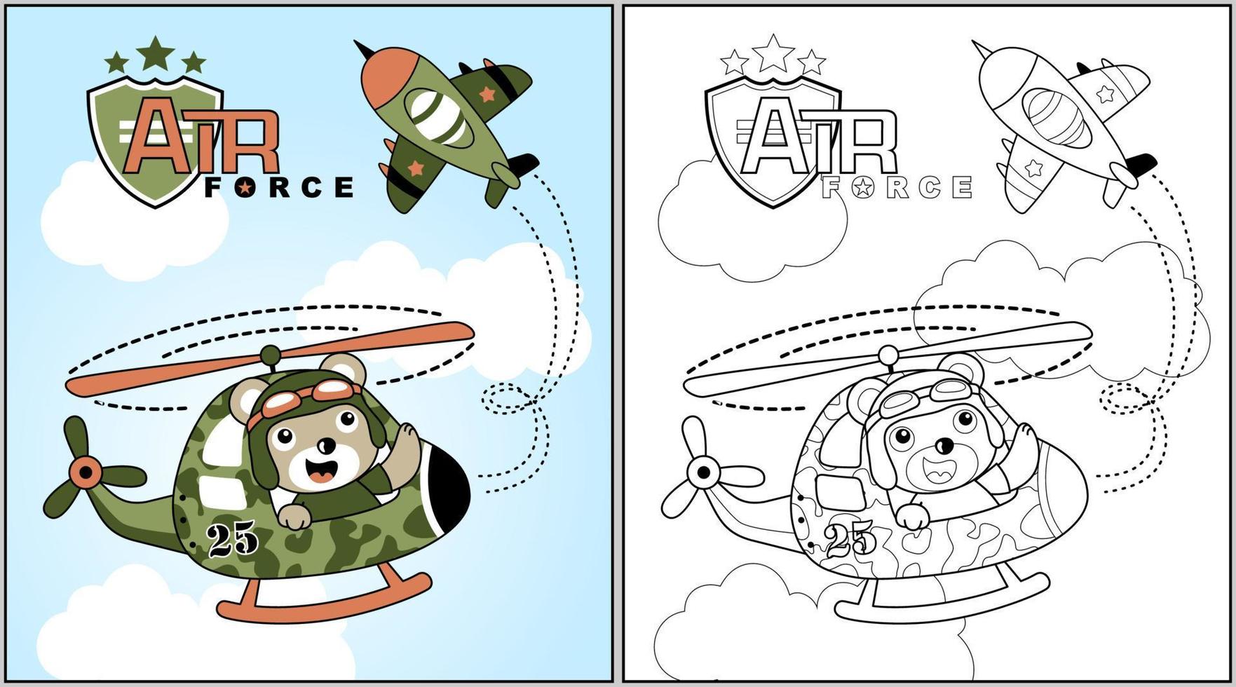 Cute bear pilot on helicopter with military airplane, coloring book or page, vector cartoon illustration