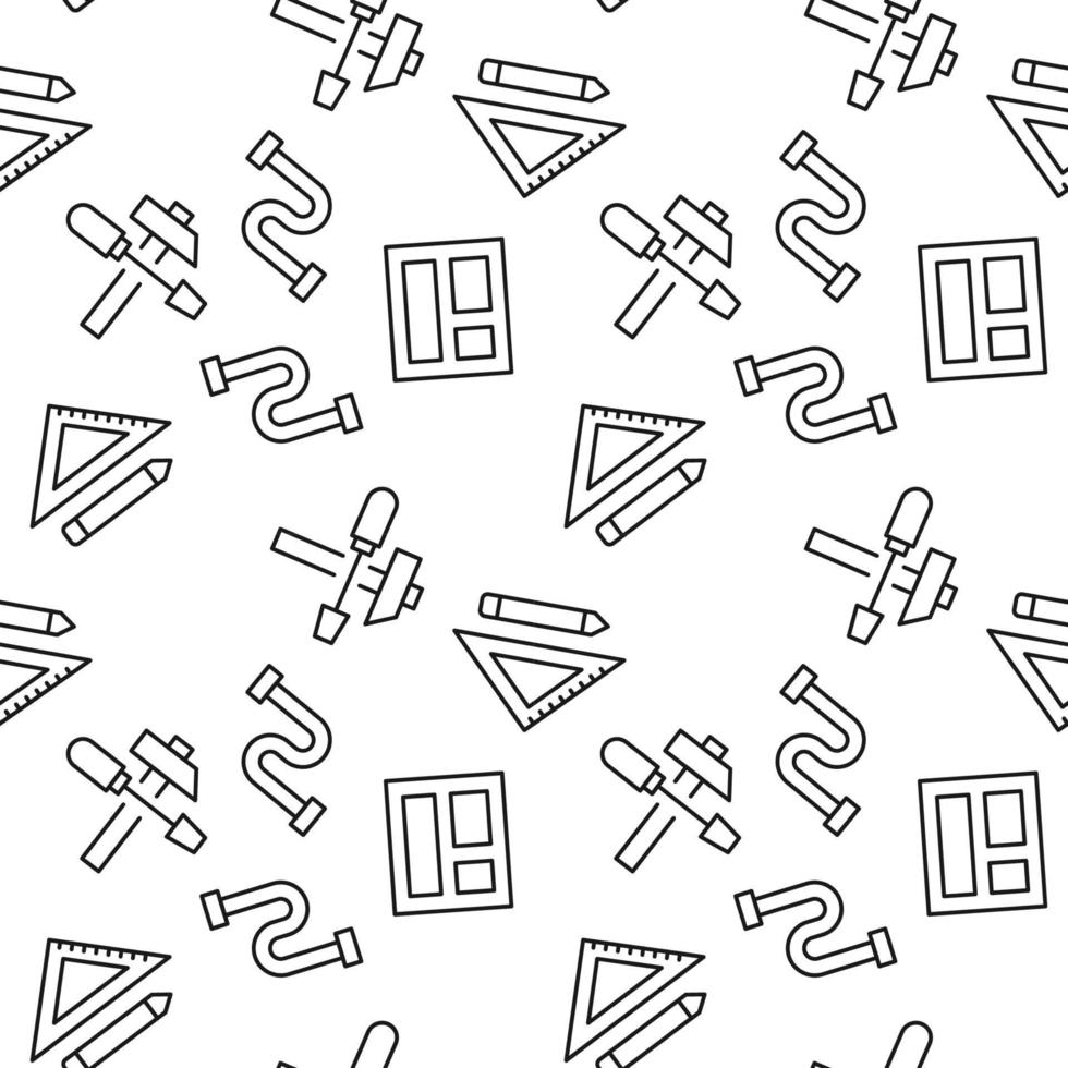 Vector seamless pattern of pipe, window, liner, pencil, hammer, screwdriver on white background. It can be used for textile, backgrounds, placards