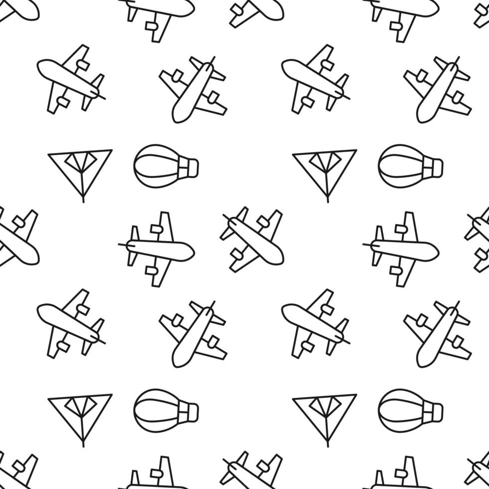 Seamless monochrome repeating pattern of balloon, tent, airplane vector