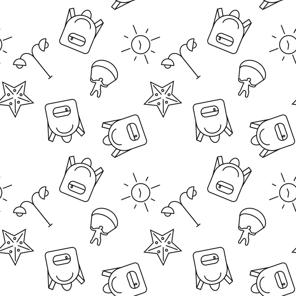 Seamless monochrome repeating pattern of starfish, backpack, paragliding, sundial, street light vector
