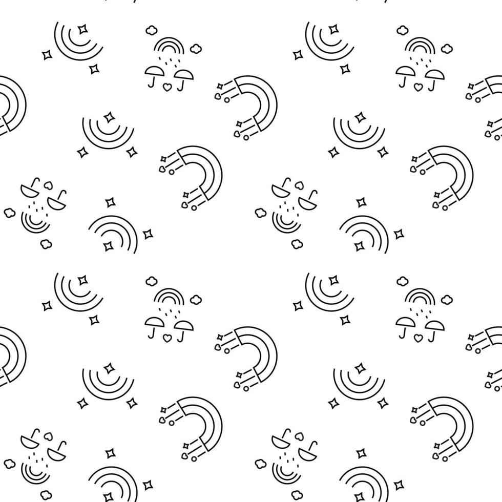 Monochrome vector seamless pattern of various rainbows with umbrellas and stars for web sites and polygraphy