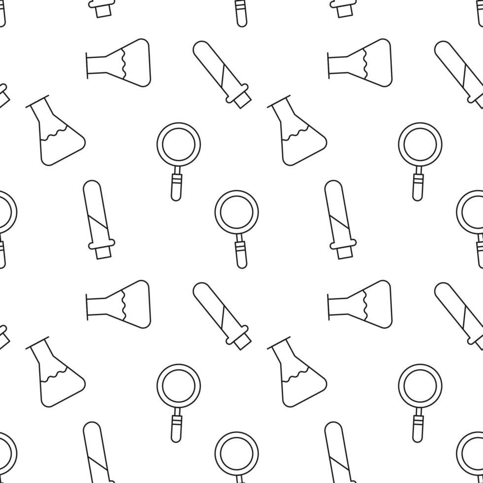 Seamless vector repeating pattern of magnifying glass and labs for experiments. It can be used for web sites, apps, clothes, covers, banners etc