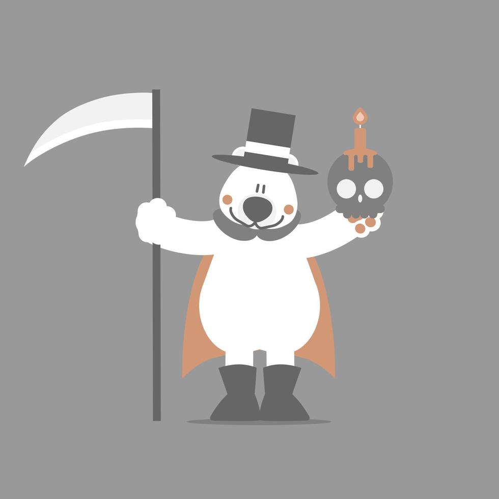 happy halloween with polar bear, skull and scythe, flat vector illustration cartoon character design