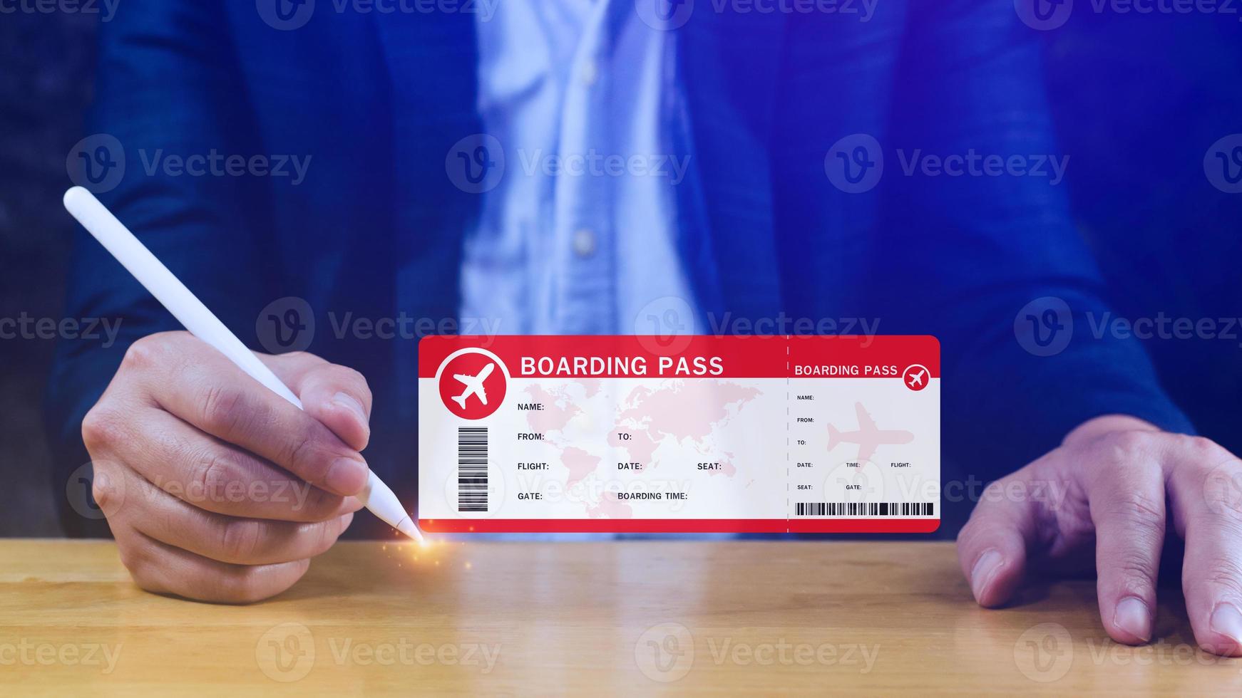 Hand holding boarding pass tickets air travel concept, Choosing checking electronic flight ticket. photo