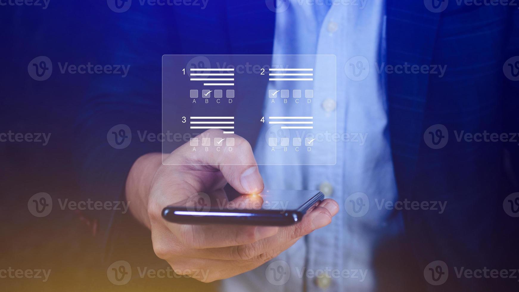 Online exam concept, choose correct answer in test. checklist and online testing on smartphone. online exam test with smartphone. online questionnaire results on desktop. quiz. photo