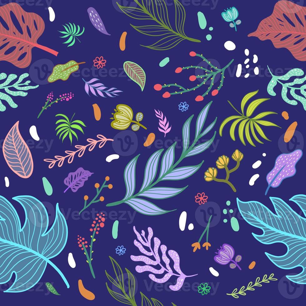 Colorful tropical rainforest. Seamless pattern with abstract flowers leaves and other plants. Aloha textile collection. On dark blue background. photo