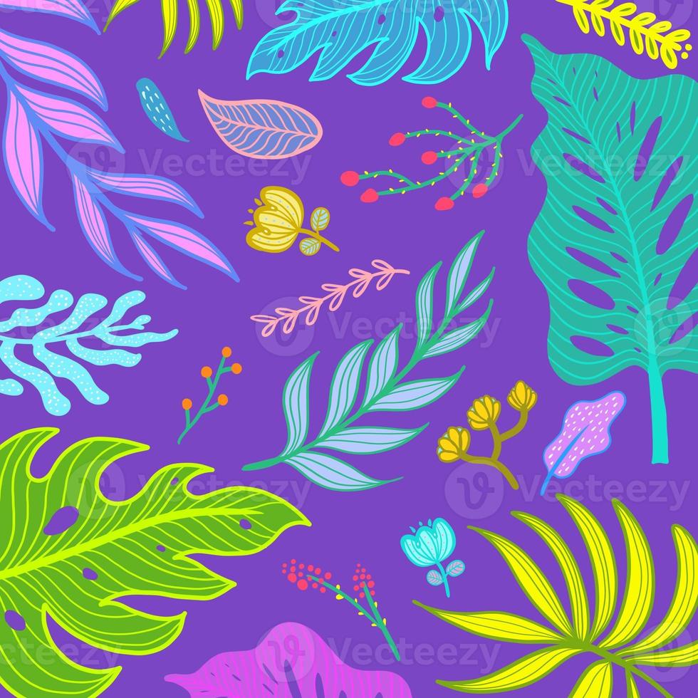 Exotic floral pattern with colorful tropical flowers and tropical leaves illustration background template for trendy folk style modern floral background photo