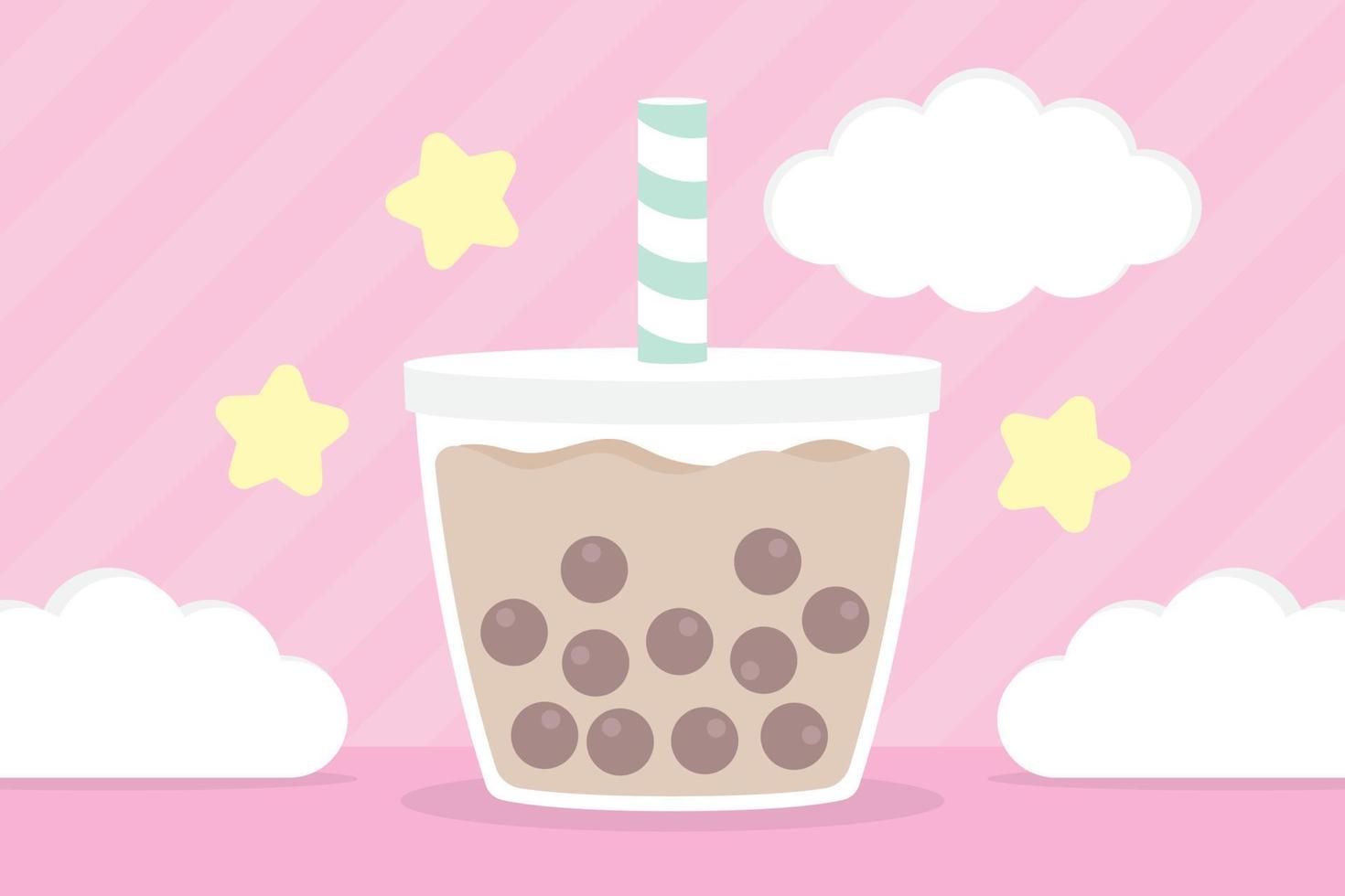 cute kawaii bubble tea with cloud and stars on sweet pink background illustration vector