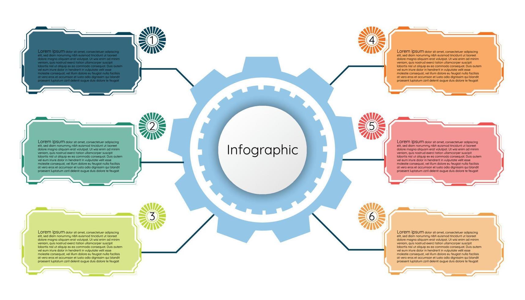 Infographic template step guide for business information presentation. Vector square  elements tech style. Modern workflow diagrams. Report plan 6 topics