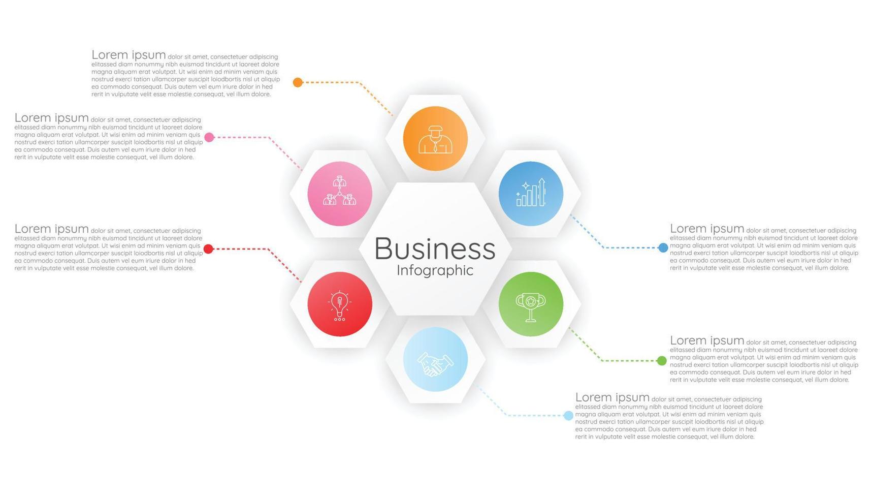 Infographic template step guide for business information presentation. Vector hexagon and icons elements. Modern workflow diagrams. Report plan 6 topics