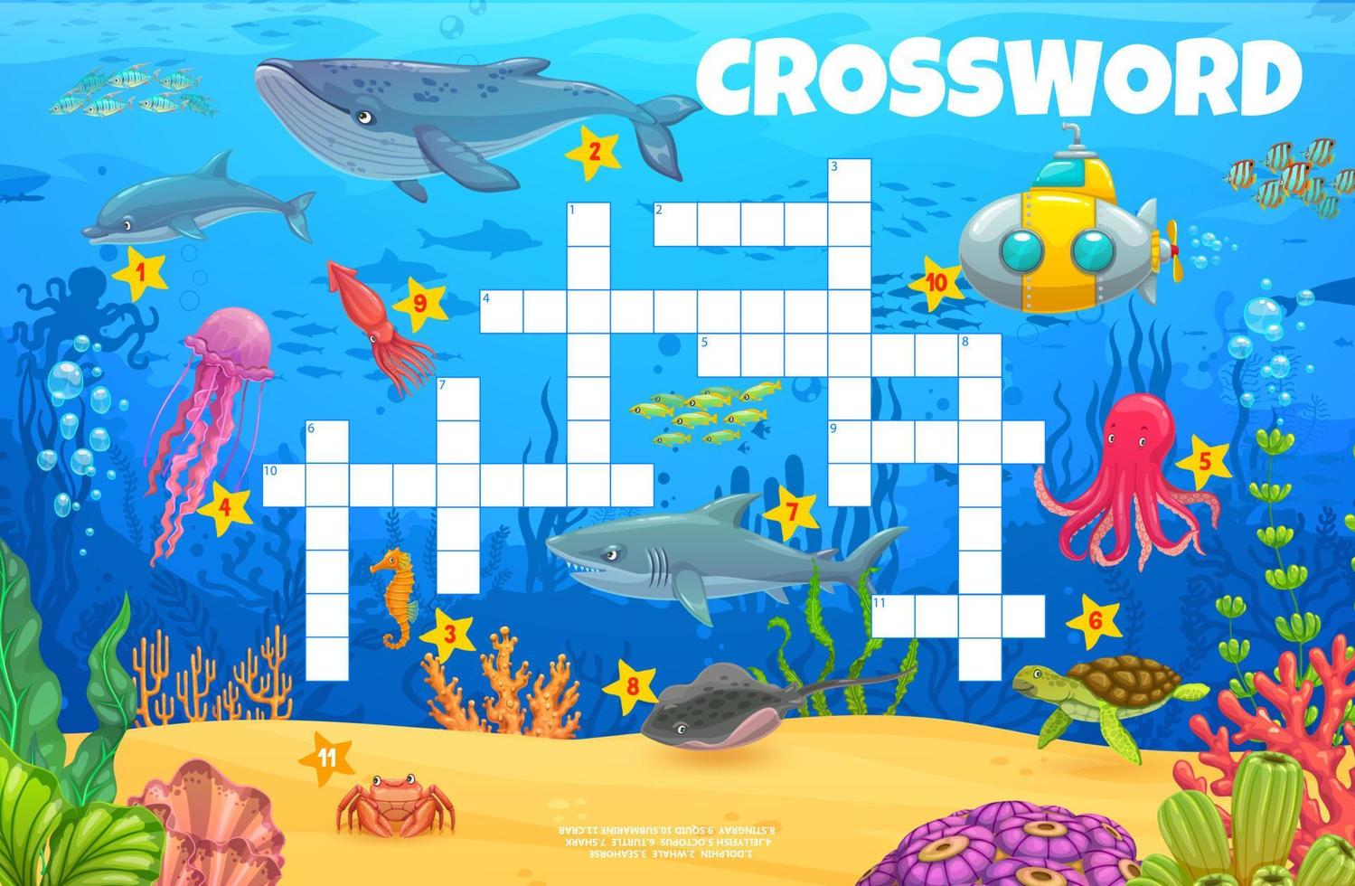 Cartoon underwater landscape and animals crossword vector