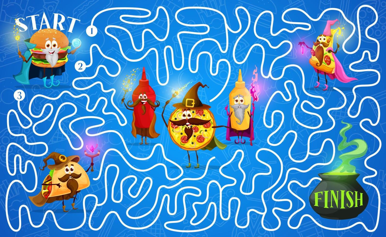 Help the cartoon fast food wizards to find potion vector