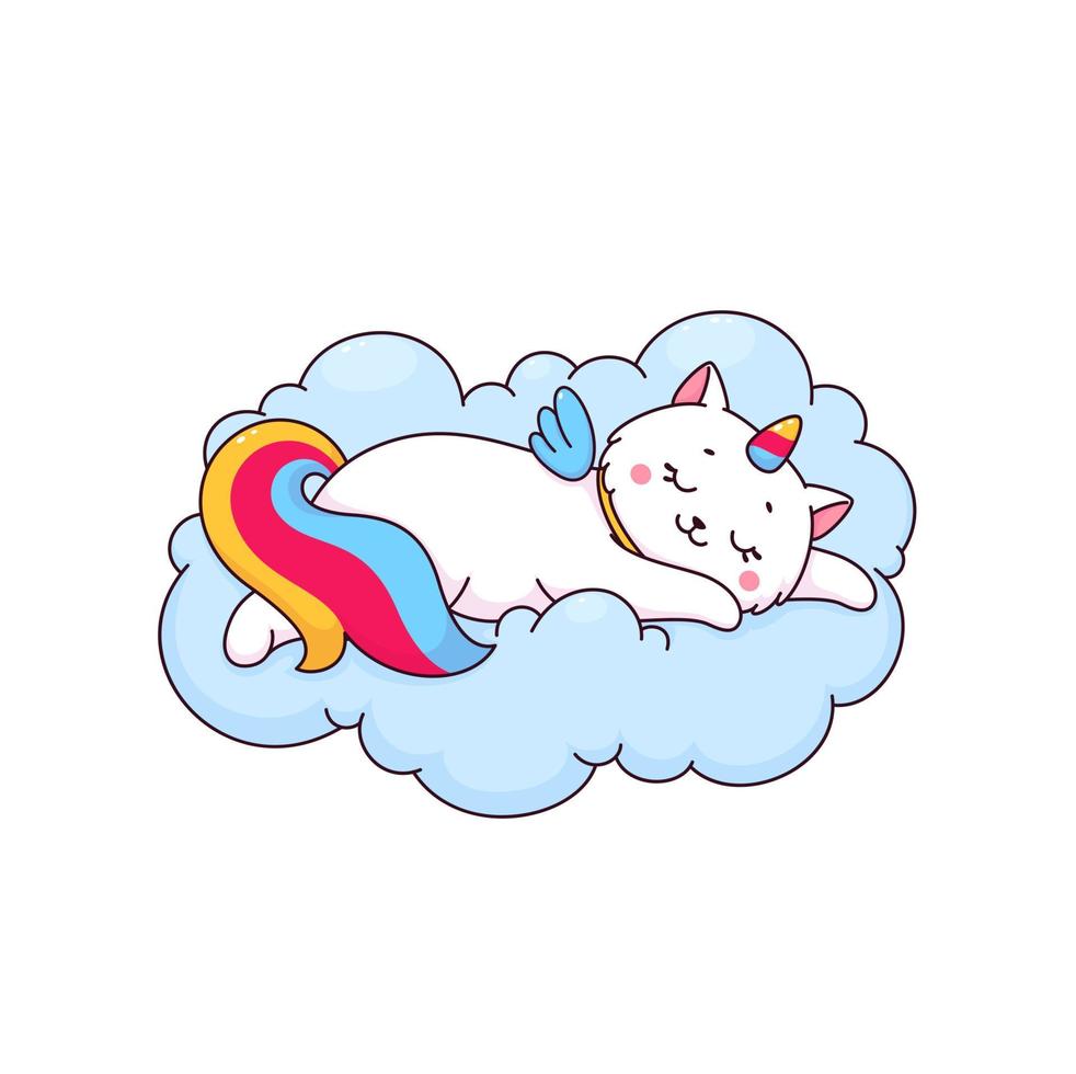 unicornio caticorn gato dormido en suave mullido nube vector