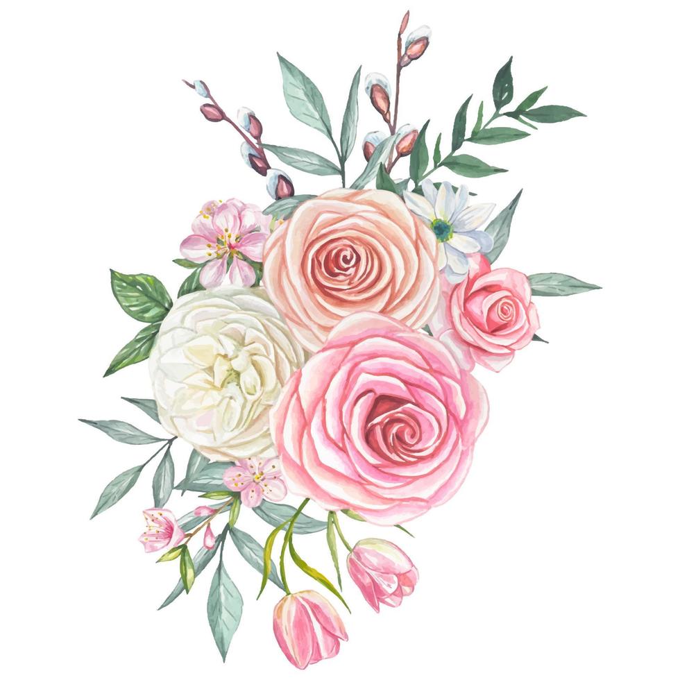 Spring watercolor bouquet, compositions with flowers, roses, tulips vector