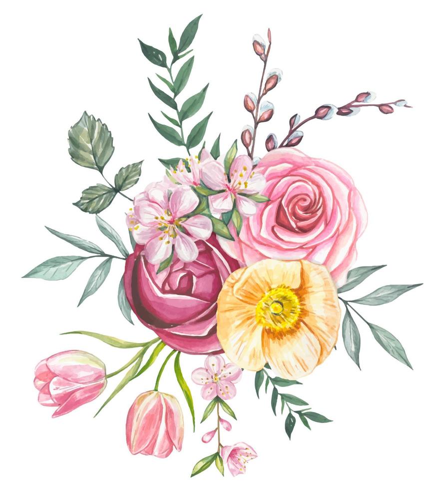 Spring watercolor bouquet, compositions with flowers vector
