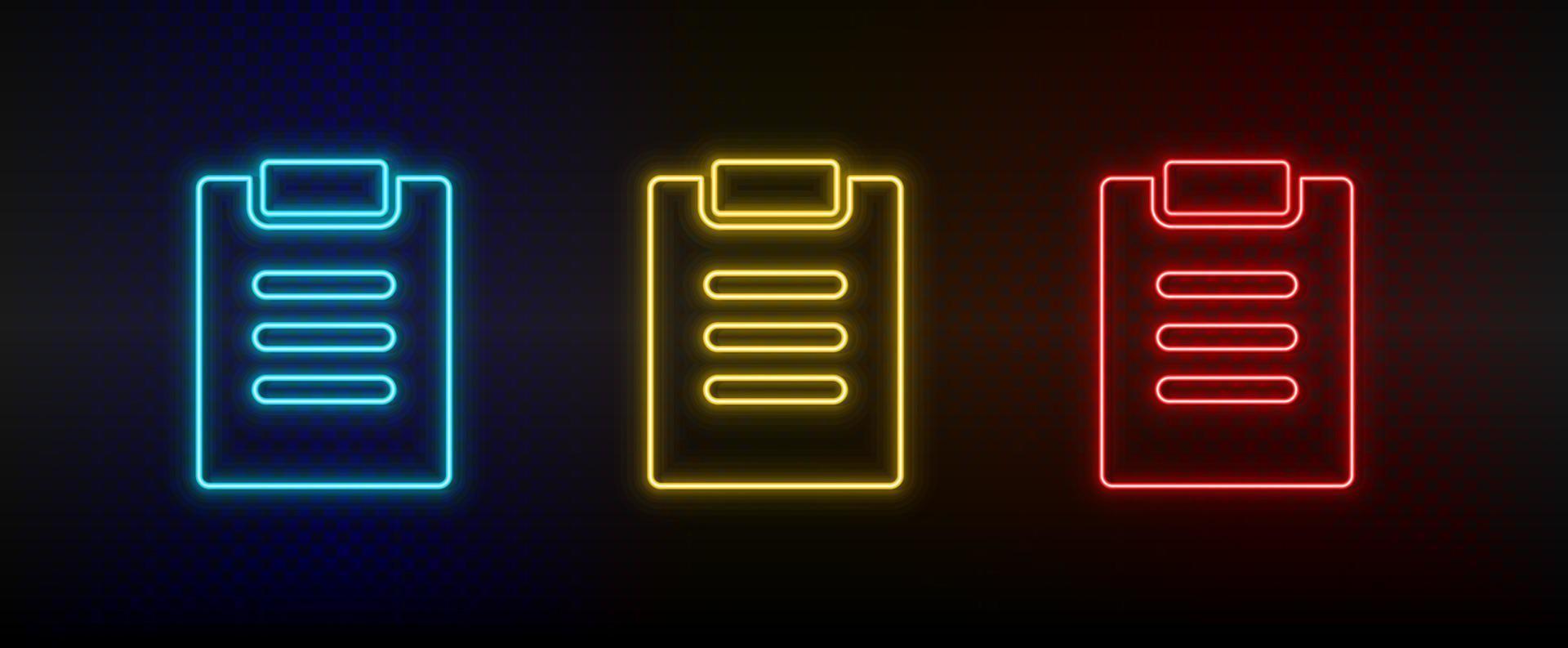 Neon icon set facture, test. Set of red, blue, yellow neon vector icon on dark background
