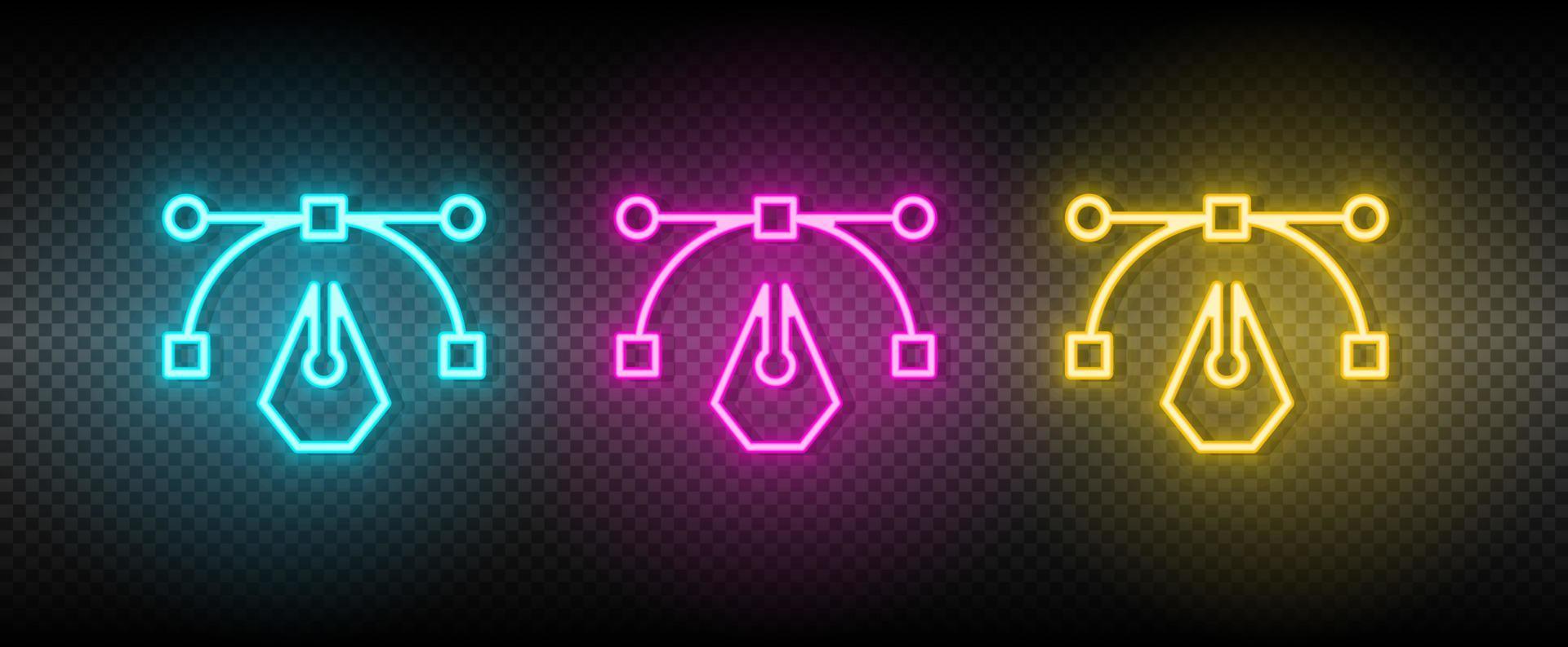 Glowing neon line Bezier curve icon isolated on brick wall background. Pen tool icon. Colorful outline concept. Vector on dark background