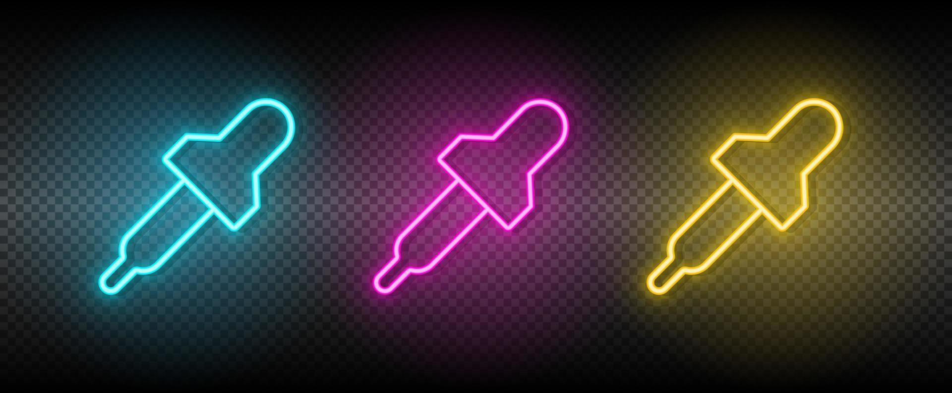 dropper, eyedropper vector icon yellow, pink, blue neon set. Tools vector icon on dark background