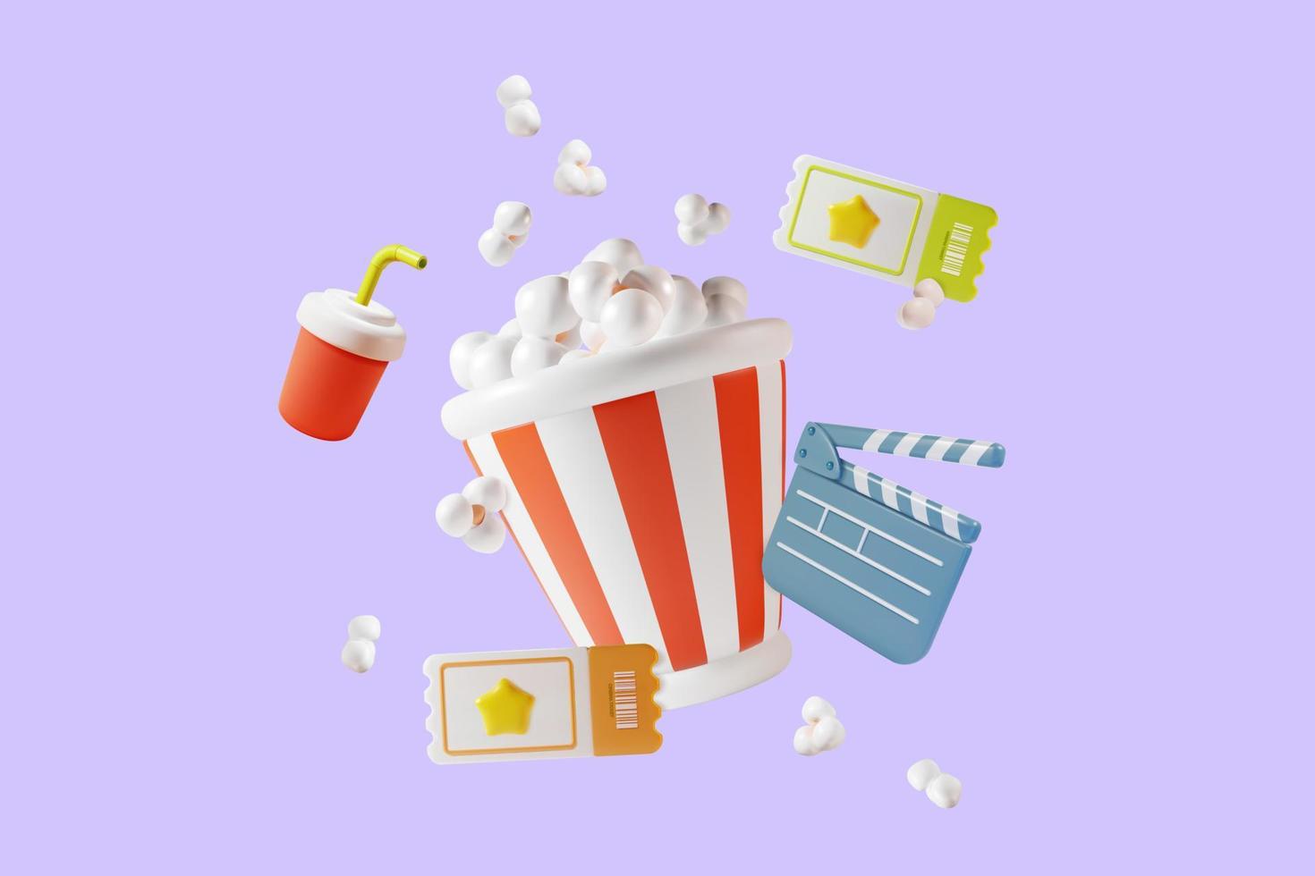 3d Cinema Movie Concept Popcorn Bucket with Elements Around. Vector
