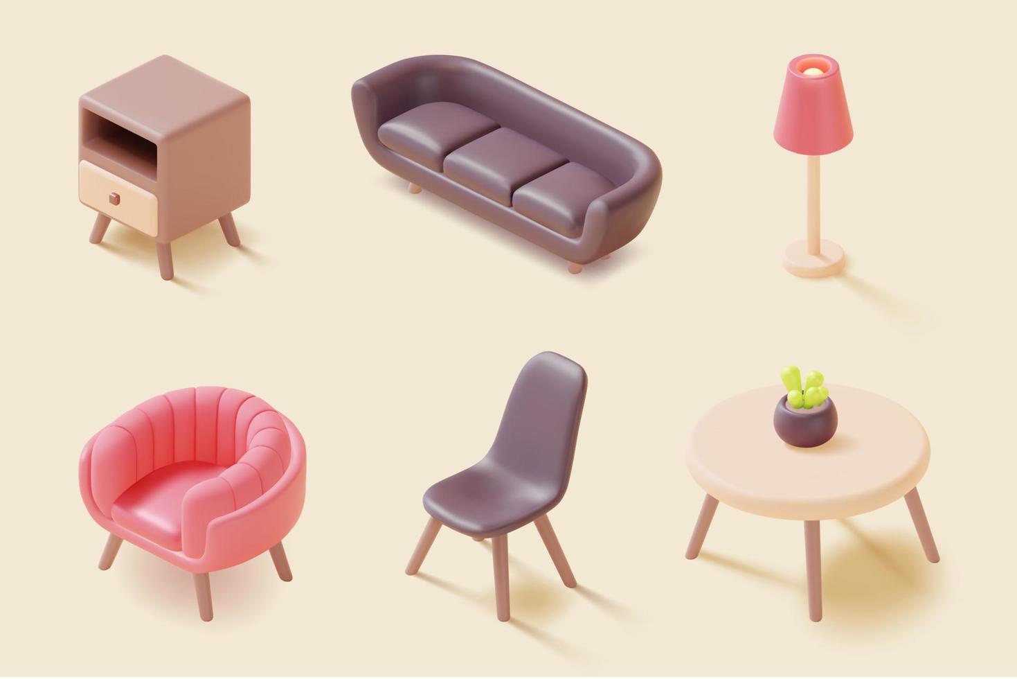 3d Different Furniture Home Set Plasticine Cartoon Style. Vector