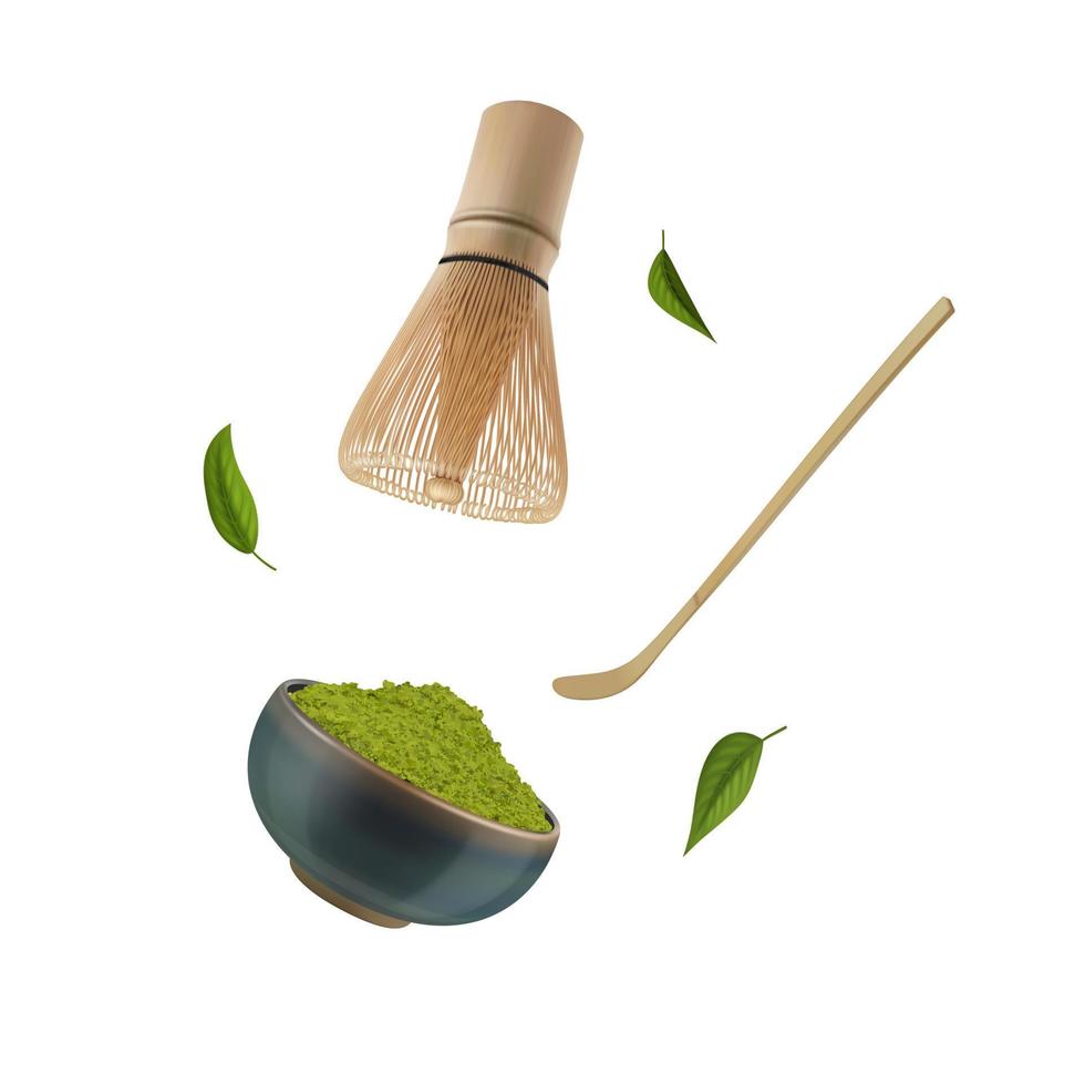 realista detallado 3d bambú batidor, cucharón y cuenco de verde polvo colocar. vector