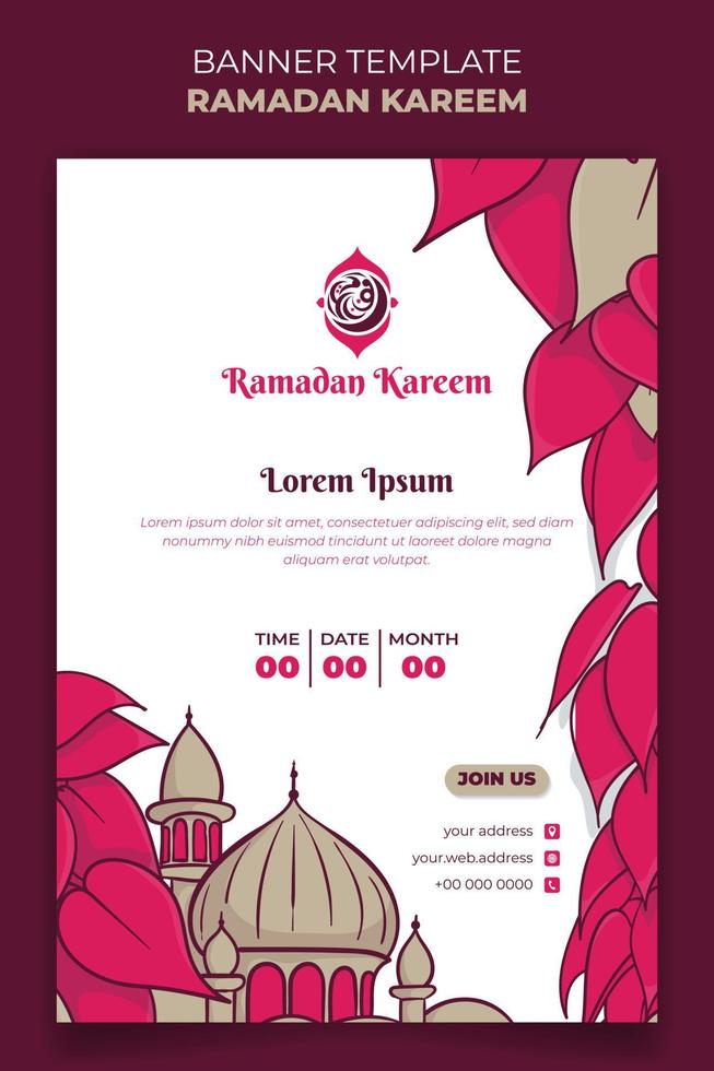 Feminine background for ramadan kareem template with mosque and pink leaves background vector