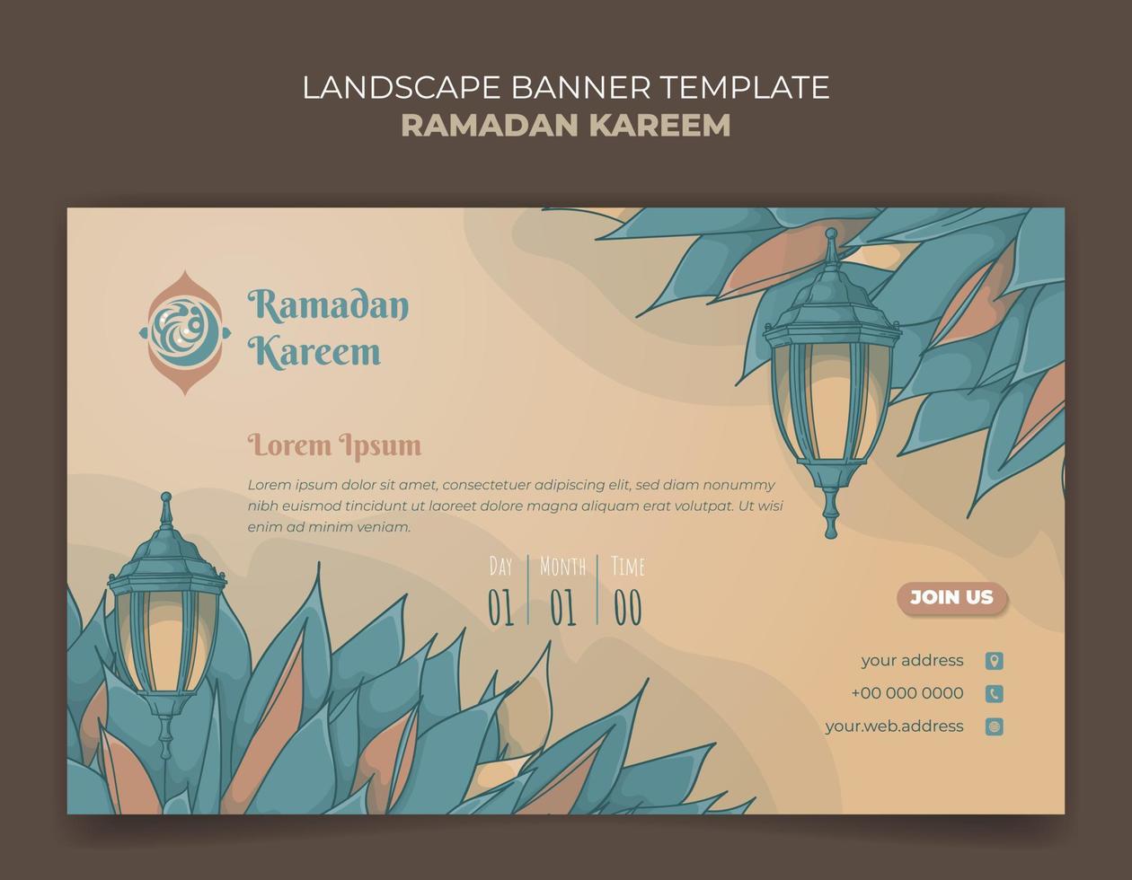 Banner template design with lantern and grass in hand drawn design for ramadan kareem template vector