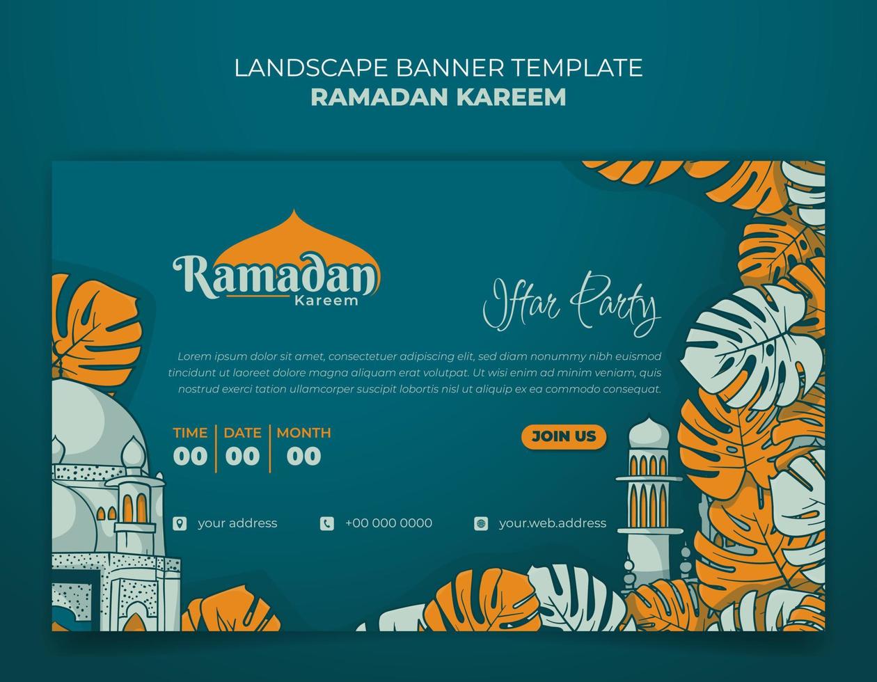 Ramadan kareem banner template with monstera leaves and mosque in hand drawn design vector