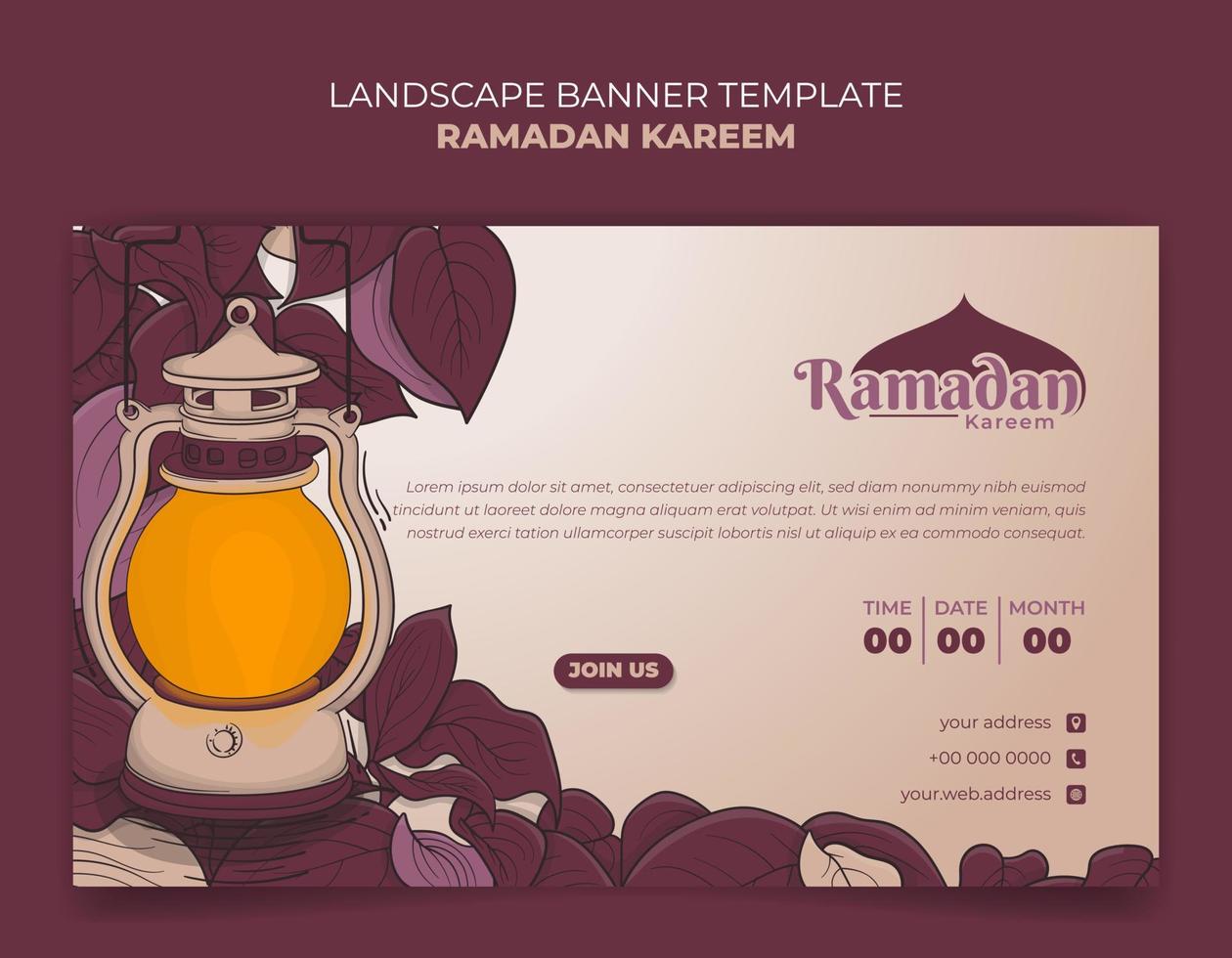 Banner for ramadan kareem template with pink purple leaves and lantern in hand drawn design vector