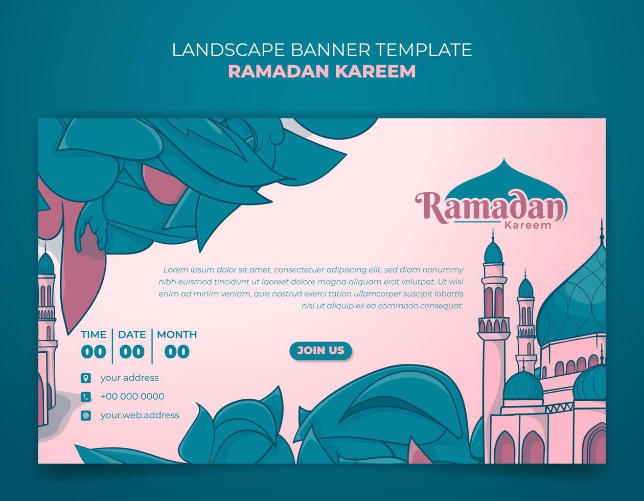 Ramadán kareem bandera modelo con hojas y mezquita en mano dibujado diseño vector