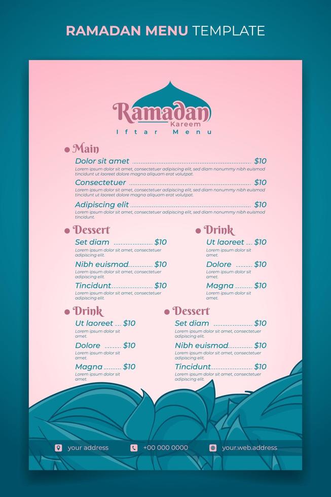 Food menu design for ramadan kareem iftar party template with green leaves design vector