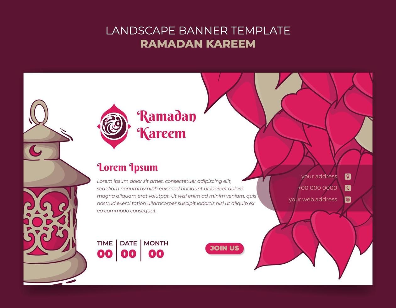 Feminine background design for ramadan kareem with lantern and pink leaves in hand drawn design vector